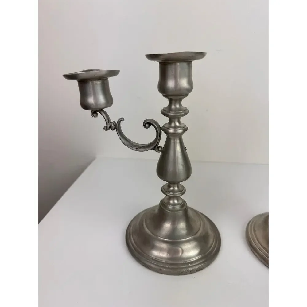 Vintage American Pewter Silver Stainless Steel Decor 2 Candle Holder Stick Set